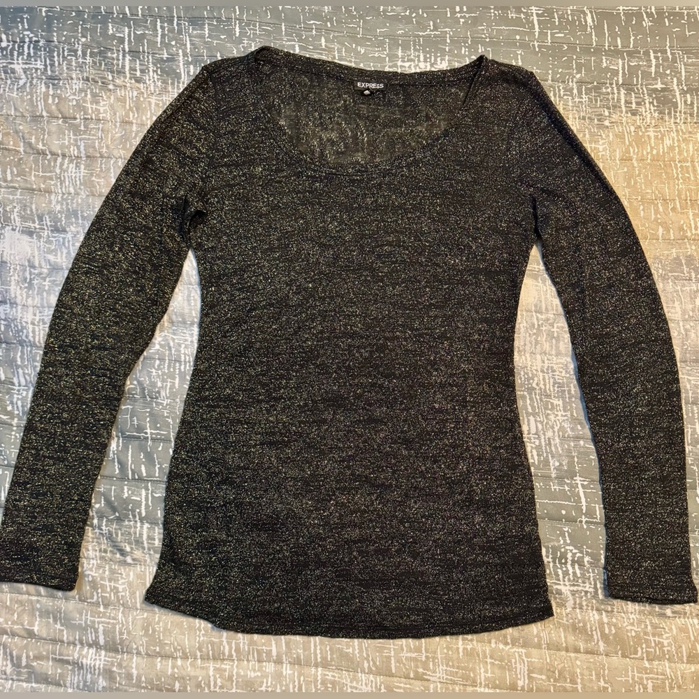 Express - Women’s Scoop Neck Black and Gold Sheer Long Sleeve Top - Size Large
